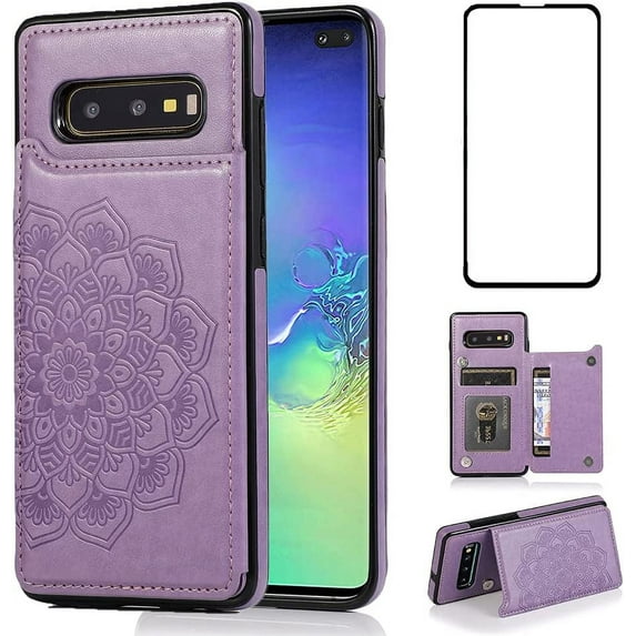 Design for Samsung Galaxy S10E Case with Tempered Glass Screen Protector Credit Card Holder Slot, PU Leather Wallet Phone Cases Stand Kickstand Protective Cover for Glaxay S 10E Purple