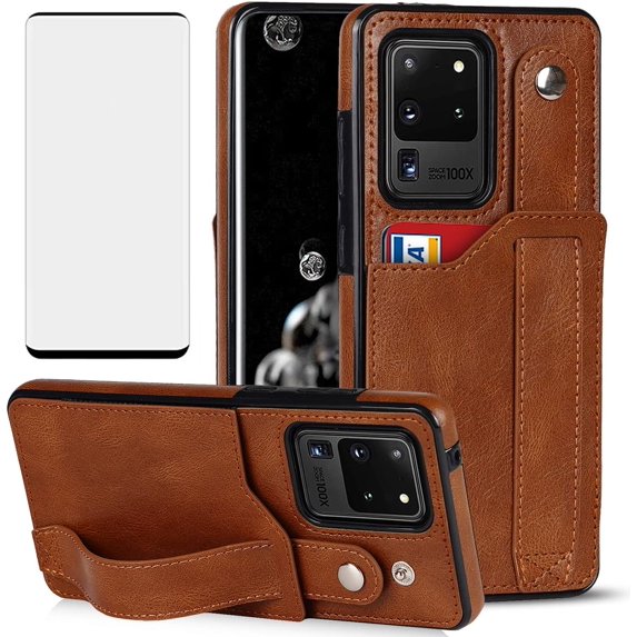 Design for Samsung Galaxy S20 Ultra 5G Phone Case with Screen Protector Adjustable Wrist Strap Kickstand Credit Card Slot Slim Shockproof Hybrid Rugged Protective Cover for Men 6.9 inch Brown