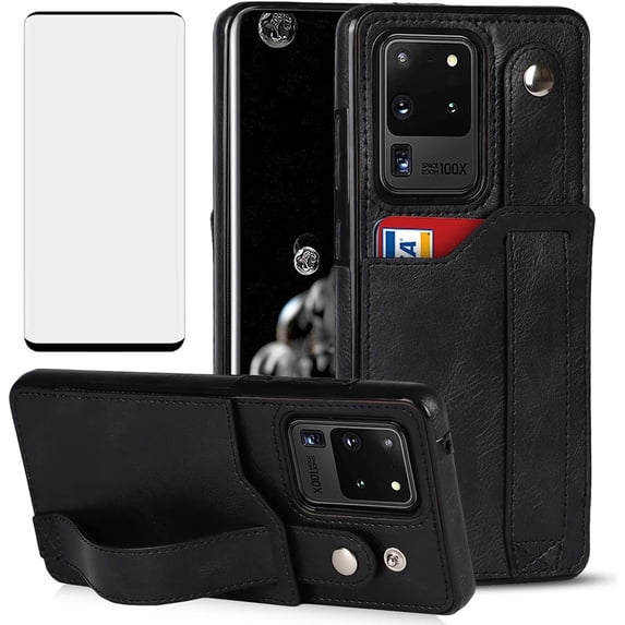 Design for Samsung Galaxy S20 Ultra 5G Phone Case with Screen Protector Adjustable Wrist Strap Kickstand Credit Card Slot Slim Shockproof Hybrid Rugged Protective Cover for Men 6.9 inch Black