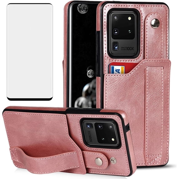 Design for Samsung Galaxy S20 Ultra 5G Phone Case with Screen Protector Adjustable Wrist Strap Kickstand Credit Card Slot Slim Shockproof Hybrid Rugged Protective Cover for Women 6.9" Rose gold