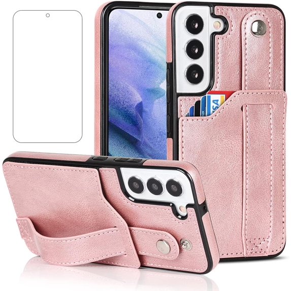 Design for Samsung Galaxy S22 5G Phone Case with Screen Protector Adjustable Wrist Strap Kickstand Credit Card Slot Slim Shockproof Hybrid Rugged Protective Cover for Women 6.1 inch Rose Gold