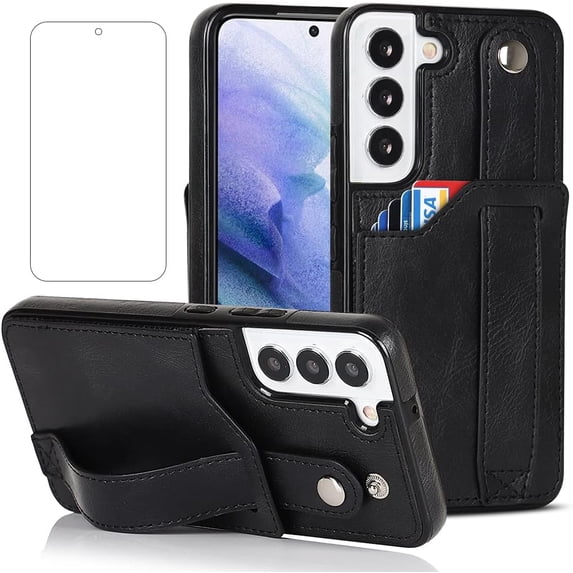 Design for Samsung Galaxy S22 5G Phone Case with Screen Protector Adjustable Wrist Strap Kickstand Credit Card Slot Slim Shockproof Hybrid Rugged Protective Cover for Women Men Girls 6.1 inch Black