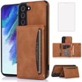thumbnail image 1 of Design for Samsung Galaxy S22 5G Wallet Case with Tempered Glass Screen Protector PU Leather Credit Card Holder Slot Phone Cases Kickstand Shockproof Protective Cover for Men 6.1" Brown, 1 of 14