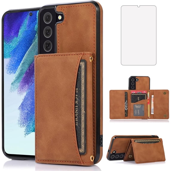 Design for Samsung Galaxy S22 5G Wallet Case with Tempered Glass Screen Protector PU Leather Credit Card Holder Slot Phone Cases Kickstand Shockproof Protective Cover for Men 6.1" Brown
