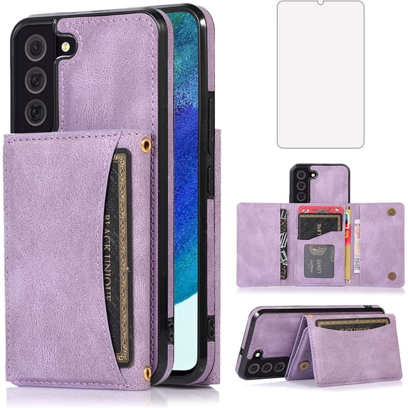 Design for Samsung Galaxy S22 5G Wallet Case with Tempered Glass Screen Protector PU Leather Credit Card Holder Slot Phone Cases Kickstand Shockproof Protective Cover for Women 6.1" Purple
