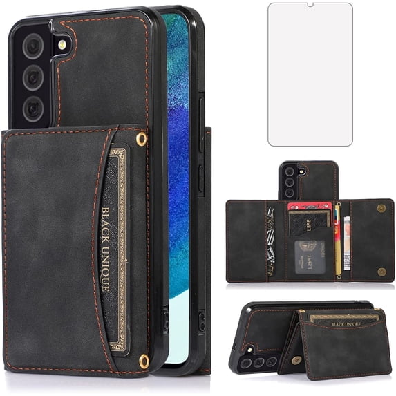 Design for Samsung Galaxy S22 5G Wallet Case with Tempered Glass Screen Protector PU Leather Credit Card Holder Slot Phone Cases Kickstand Shockproof Protective Cover for Men 6.1 inch Black