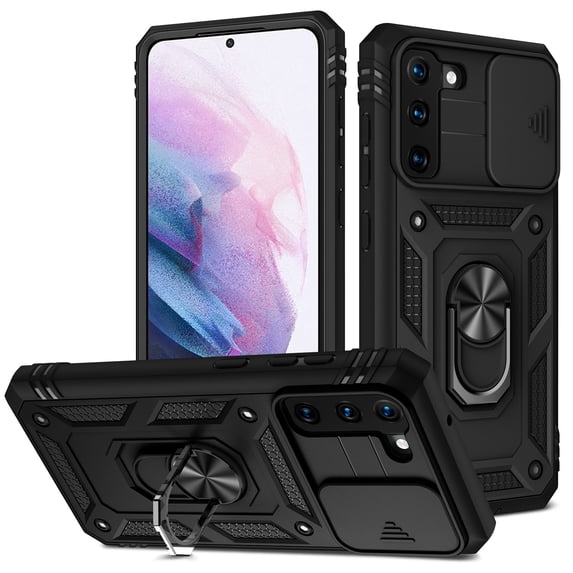 Design for Samsung Galaxy S22 Phone Case with Camera Lens Sliding Cover Ring Holder Kickstand - Shockproof Heavy Duty Rugged Military Grade Bumper Protective Case for Women Men, Black