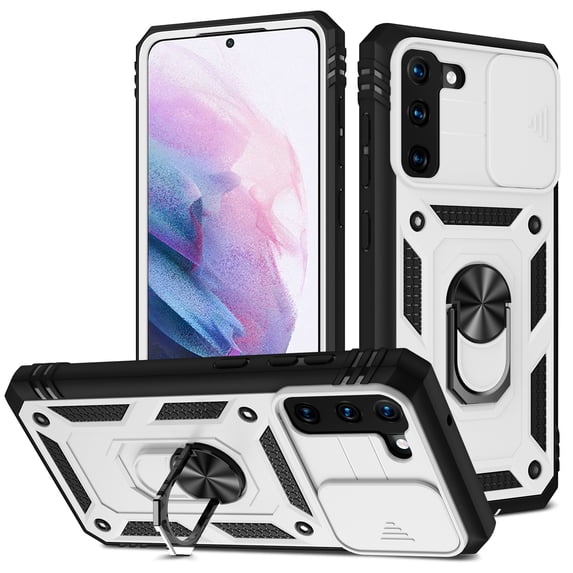 Design for Samsung Galaxy S22 Phone Case with Camera Lens Sliding Cover Ring Holder Kickstand - Shockproof Heavy Duty Rugged Military Grade Bumper Protective Case for Women Men, White