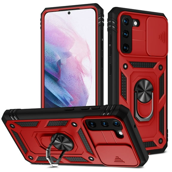 Design for Samsung Galaxy S22 Phone Case with Camera Lens Sliding Cover Ring Holder Kickstand - Shockproof Heavy Duty Rugged Military Grade Bumper Protective Case for Women Men, Red