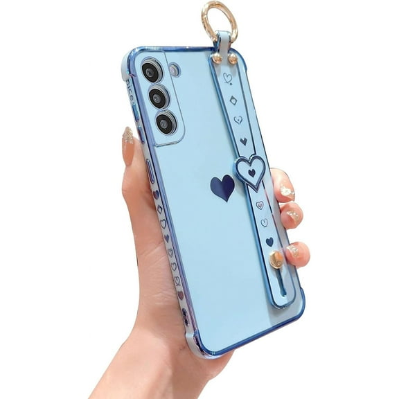 Design for Samsung Galaxy S22+ Plus 5g Phone Case Aesthetic Cute Heart Adjustable Wrist Strap Kickstand Luxury Plating Elegant Love Cover Soft Silicone Shockproof Stand Holder Bumper (Blue)