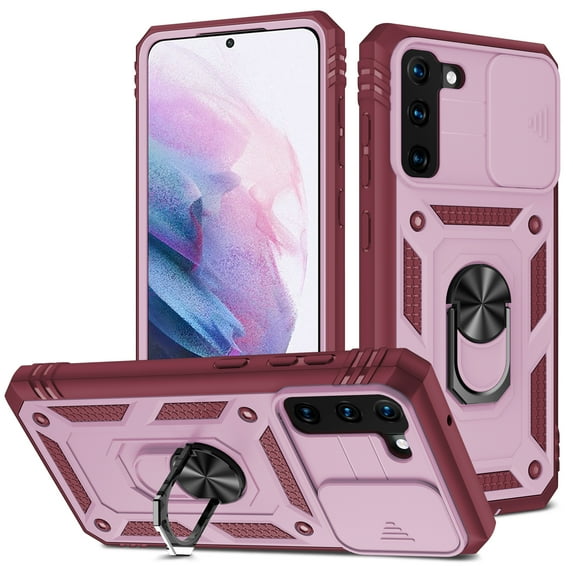Design for Samsung Galaxy S22 Plus Heavy Duty Phone Case with Camera Lens Sliding Cover Ring Holder Kickstand - Shockproof Armor Military Grade Bumper Protective Case for Women Men, Pink+Winered