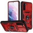 thumbnail image 1 of Design for Samsung Galaxy S22 Plus Heavy Duty Phone Case with Camera Lens Sliding Cover Ring Holder Kickstand - Shockproof Armor Military Grade Bumper Protective Case for Women Men, Red+Black, 1 of 9