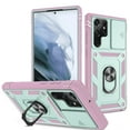 thumbnail image 1 of Design for Samsung Galaxy S22 Ultra Heavy Duty Phone Case with Camera Lens Sliding Cover Ring Holder Kickstand - Shockproof Armor Military Grade Bumper Protective Case for Women Men, Mint+Pink, 1 of 11