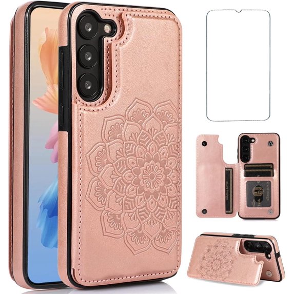 Design for Samsung Galaxy S23 5G Case with Tempered Glass Screen Protector PU Leather Credit Card Holder Slot Wallet Phone Cases Stand Kickstand Protective Cover for S 23 Women 6.1" Rose Gold