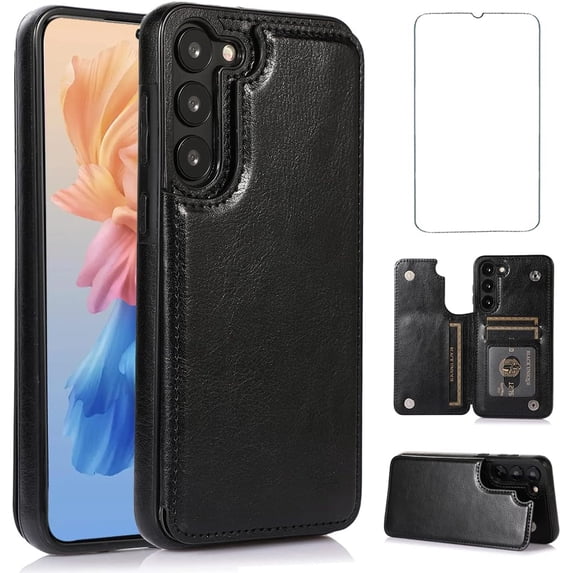 Design for Samsung Galaxy S23 5G Case with Tempered Glass Screen Protector PU Leather Credit Card Holder Slot Wallet Phone Cases Stand Kickstand Protective Cover for S 23 Men 6.1 inch Black