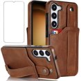 thumbnail image 1 of Design for Samsung Galaxy S23 5G Phone Case with Screen Protector Adjustable Wrist Strap Kickstand Credit Card Slot Slim Shockproof Hybrid Rugged Protective Cover for Women Men Brown, 1 of 14
