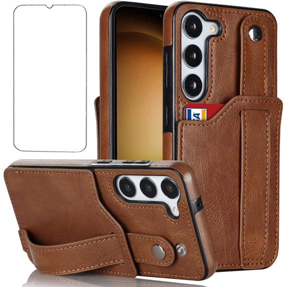 Design for Samsung Galaxy S23 5G Phone Case with Screen Protector Adjustable Wrist Strap Kickstand Credit Card Slot Slim Shockproof Hybrid Rugged Protective Cover for Women Men Brown