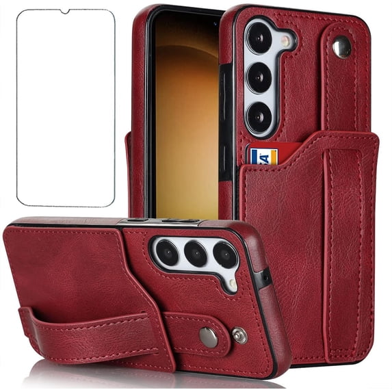 Design for Samsung Galaxy S23 5G Phone Case with Screen Protector Adjustable Wrist Strap Kickstand Credit Card Slot Slim Shockproof Hybrid Rugged Protective Cover for Women Men Girls 6.1 inch Red