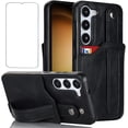 thumbnail image 1 of Design for Samsung Galaxy S23 5G Phone Case with Screen Protector Adjustable Wrist Strap Kickstand Credit Card Slot Slim Shockproof Hybrid Rugged Protective Cover for S 23 Women Men 6.1 inch Black, 1 of 14