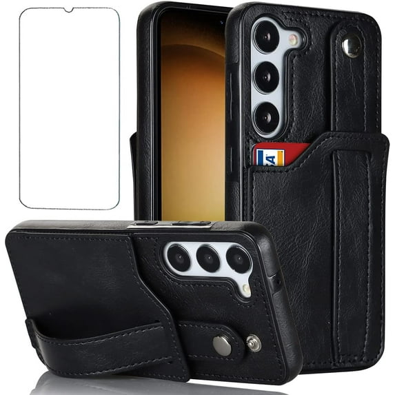 Design for Samsung Galaxy S23 5G Phone Case with Screen Protector Adjustable Wrist Strap Kickstand Credit Card Slot Slim Shockproof Hybrid Rugged Protective Cover for S 23 Women Men 6.1 inch Black