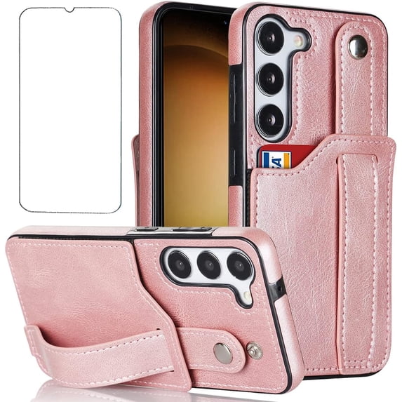 Design for Samsung Galaxy S23 5G Phone Case with Screen Protector Adjustable Wrist Strap Kickstand Credit Card Slot Slim Shockproof Hybrid Rugged Protective Cover for Women Men 6.1 inch Rose gold