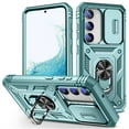 thumbnail image 1 of Design for Samsung Galaxy S23 FE Heavy Duty Phone Case with Camera Lens Sliding Cover Ring Holder Kickstand - Shockproof Armor Military Grade Bumper Protective Case for Women Men, Green, 1 of 11