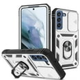 thumbnail image 1 of Design for Samsung Galaxy S23 Phone Case with Camera Lens Sliding Cover Ring Holder Kickstand - Shockproof Heavy Duty Rugged Military Grade Bumper Protective Case for Women Men, White+Black, 1 of 11