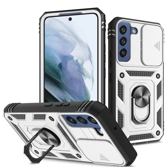 Design for Samsung Galaxy S23 Phone Case with Camera Lens Sliding Cover Ring Holder Kickstand - Shockproof Heavy Duty Rugged Military Grade Bumper Protective Case for Women Men, White+Black