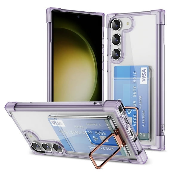 Design for Samsung Galaxy S23 Plus Case with Card Holder, Wallet Ring Holder Kickstand Case Clear Slim Four Corner Enhanced Protective Cover Anti-Scratch Shockproof Phone Card Case, Purple