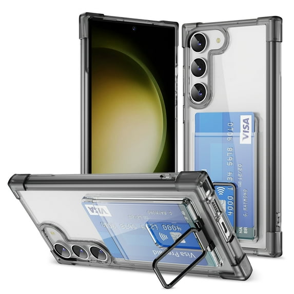 Design for Samsung Galaxy S23 Plus Case with Card Holder, Wallet Ring Holder Kickstand Case Clear Slim Four Corner Enhanced Protective Cover Anti-Scratch Shockproof Phone Card Case, Black