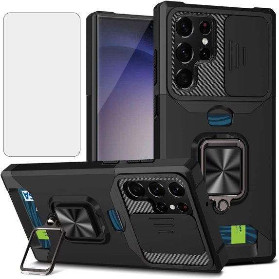 Design for Samsung Galaxy S23 Ultra 5G Phone Case with Screen Protector Card Holder Stand Kickstand Heavy Duty Slim Shockproof Hybrid Rugged Drop Protective Cover for Women Men 6.8 inch Black