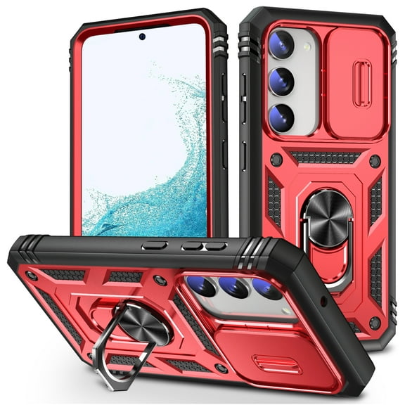 Design for Samsung Galaxy S24 Plus Heavy Duty Phone Case with Camera Lens Sliding Cover Ring Holder Kickstand - Shockproof Armor Military Grade Bumper Protective Case for Women Men, Red+Black