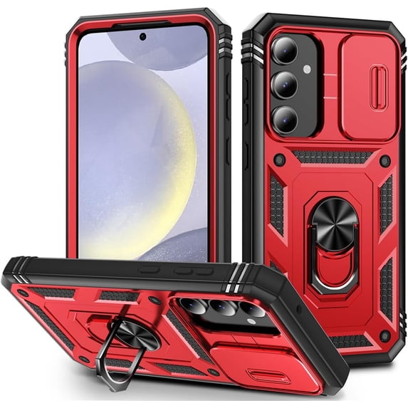 Design for Samsung Galaxy S24 Plus Phone Case with Camera Lens Ring Holder Kickstand Heavy Duty Rugged Shockproof Military Grade Bumper Protective Cover for Women Men Girls 6.7 inch Red