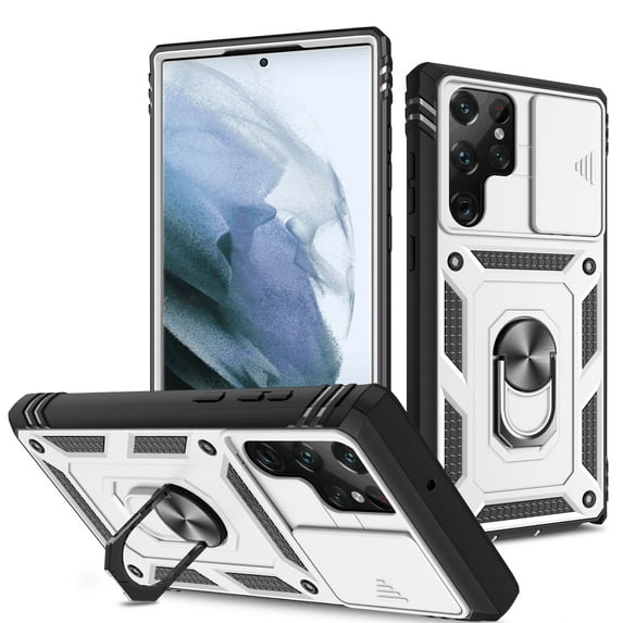 Design for Samsung Galaxy S24 Ultra Heavy Duty Case with Camera Lens Sliding Cover Ring Holder Kickstand - Shockproof Heavy Duty Armor Military Grade Bumper Protective Case for Women Men, White+Black