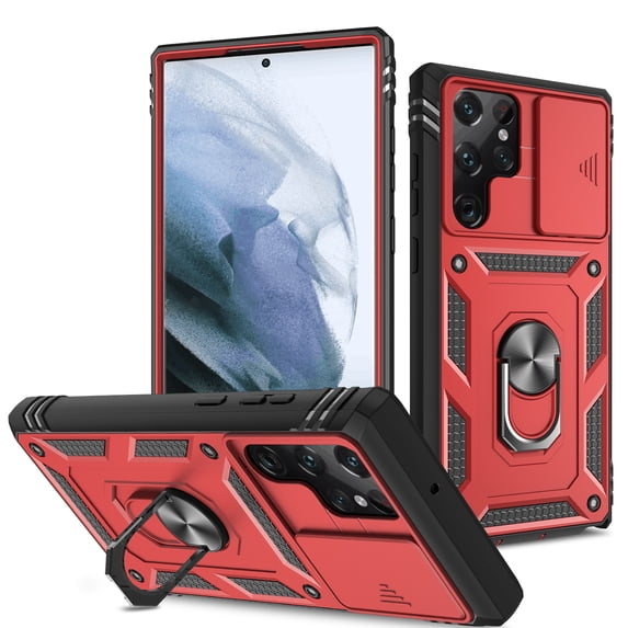 Design for Samsung Galaxy S24 Ultra Heavy Duty Case with Camera Lens Sliding Cover Ring Holder Kickstand - Shockproof Heavy Duty Armor Military Grade Bumper Protective Case for Women Men, Red+Black