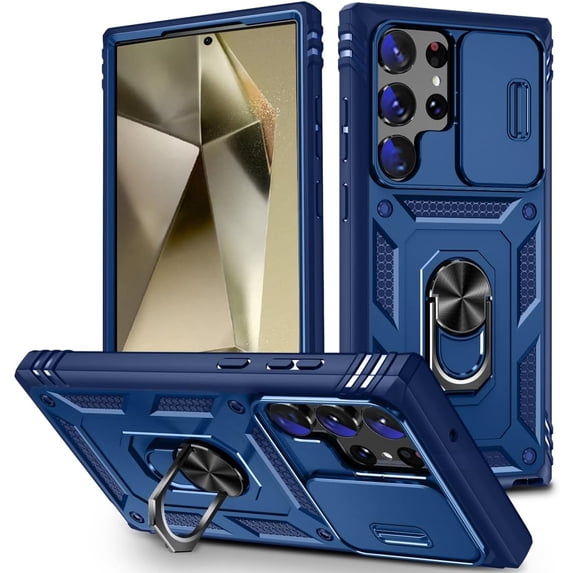Design for Samsung Galaxy S24 Ultra Phone Case with Camera Lens Ring Holder Kickstand Heavy Duty Rugged Shockproof Military Grade Bumper Protective Cover for Women Men Girls 6.8 inch Blue
