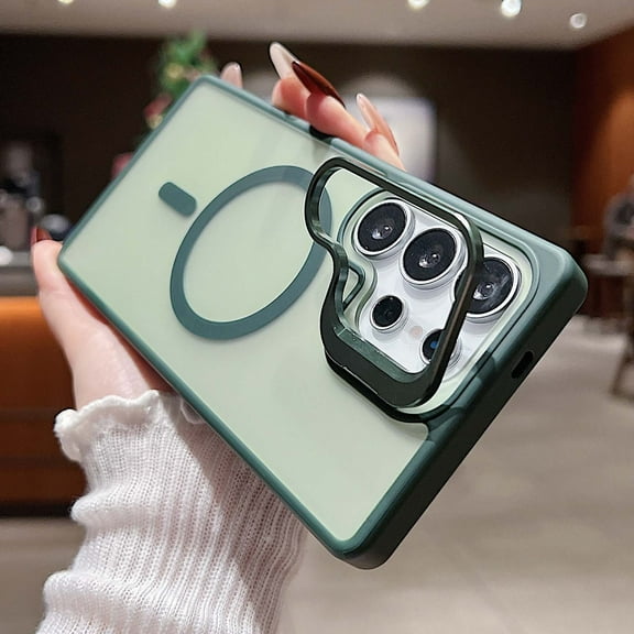 Design for Samsung Galaxy S25 Magnetic Case,With Contractible Metal Camera Ring Stand,Shockproof Heavy Duty Translucent Skinfeel Ultra Slim Phone Case For Samsung Galaxy S25,Darkgreen