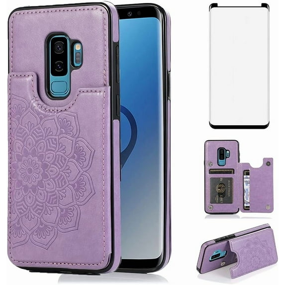 Design for Samsung Galaxy S9 Plus/S9+ Wallet Case,PU Leather Phone Cases with Screen Protector Card Holder,Stand Flip Shockproof Flip Protective Cover for S9plus Girls Women 6.2 inch Purple