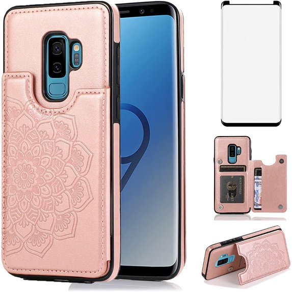 Design for Samsung Galaxy S9 Plus/S9+ Wallet Case,PU Leather Phone Cases with Screen Protector Card Holder,Stand Flip Shockproof Flip Protective Cover for S9plus Girls Women 6.2 inch Rose gold