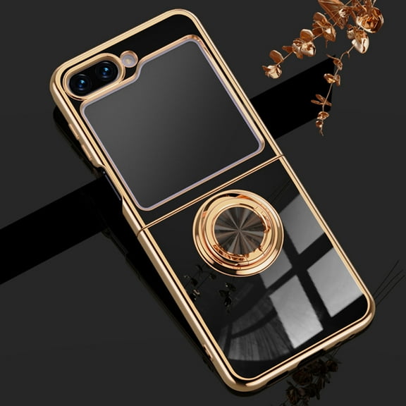 Design for Samsung Galaxy Z Flip 5 5G, Soft TPU Edge Plating 360 Degree Rotation Ring Holder Kickstand Protective Anti-Scratch Cover Magnetic Work with Car for Samsung Galaxy Z Flip 5, Black
