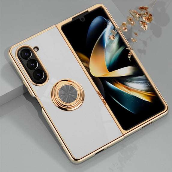 Design for Samsung Galaxy Z Fold 6 5G, Soft TPU Edge Plating 360 Degree Rotation Ring Holder Kickstand Protective Anti-Scratch Cover Magnetic Work with Car for Samsung Galaxy Z Fold 6, White