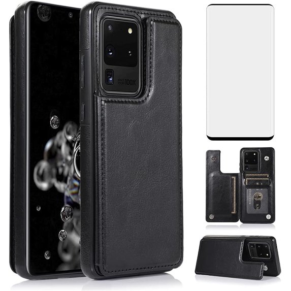 Design for Samsung S20 Ultra S20ultra 5G Leather Wallet Case with Tempered Glass Screen Protector Credit Card Holder Slot Stand Flip Leather Protective Cover for Galaxy 20S S 20 A20 20ultra Men Black