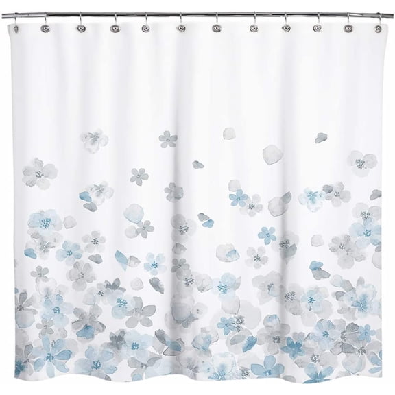 Design Simple Style Blue and Gray Flower Blossoms Fabric Shower Curtains for Bathroom Decor with White Background, Machine Washable 72"W x 72"L (Pack of 1)