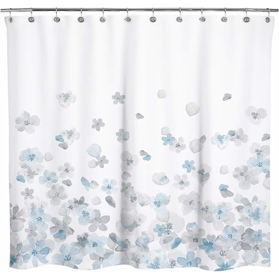 Design Simple Style Blue and Gray Flower Blossoms Fabric Shower Curtains for Bathroom Decor with White Background, Machine Washable