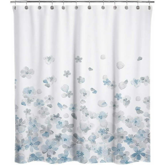 Design Simple Style Blue and Gray Flower Blossoms Fabric Shower Curtains for Bathroom Decor with White Background, Machine Washable