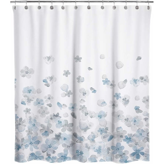 Design Simple Style Blue and Gray Flower Blossoms Fabric Shower Curtains for Bathroom Decor with White Background, Machine Washable