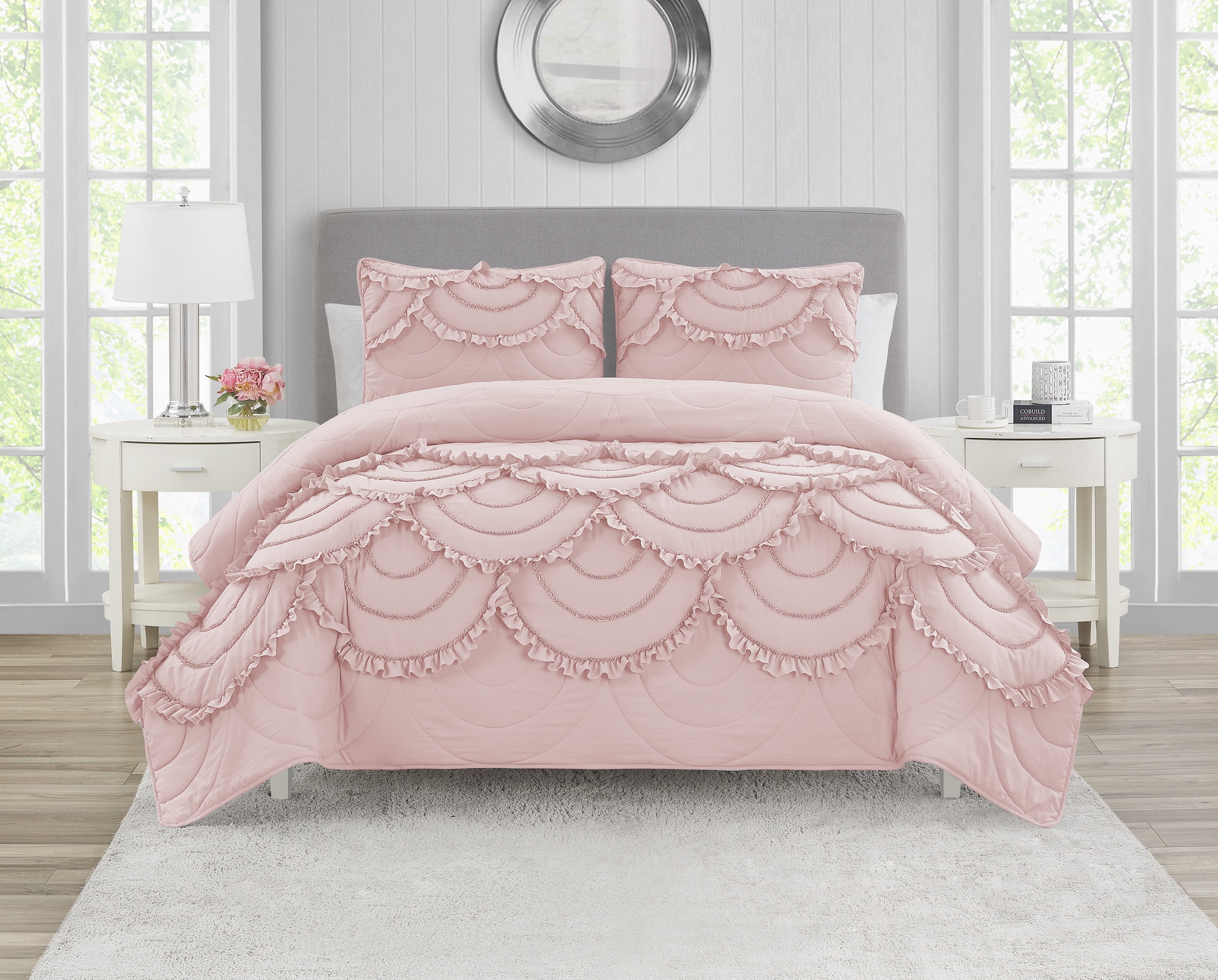 Blush Pink King Microfiber Scallop Ruffle Quilt Set
