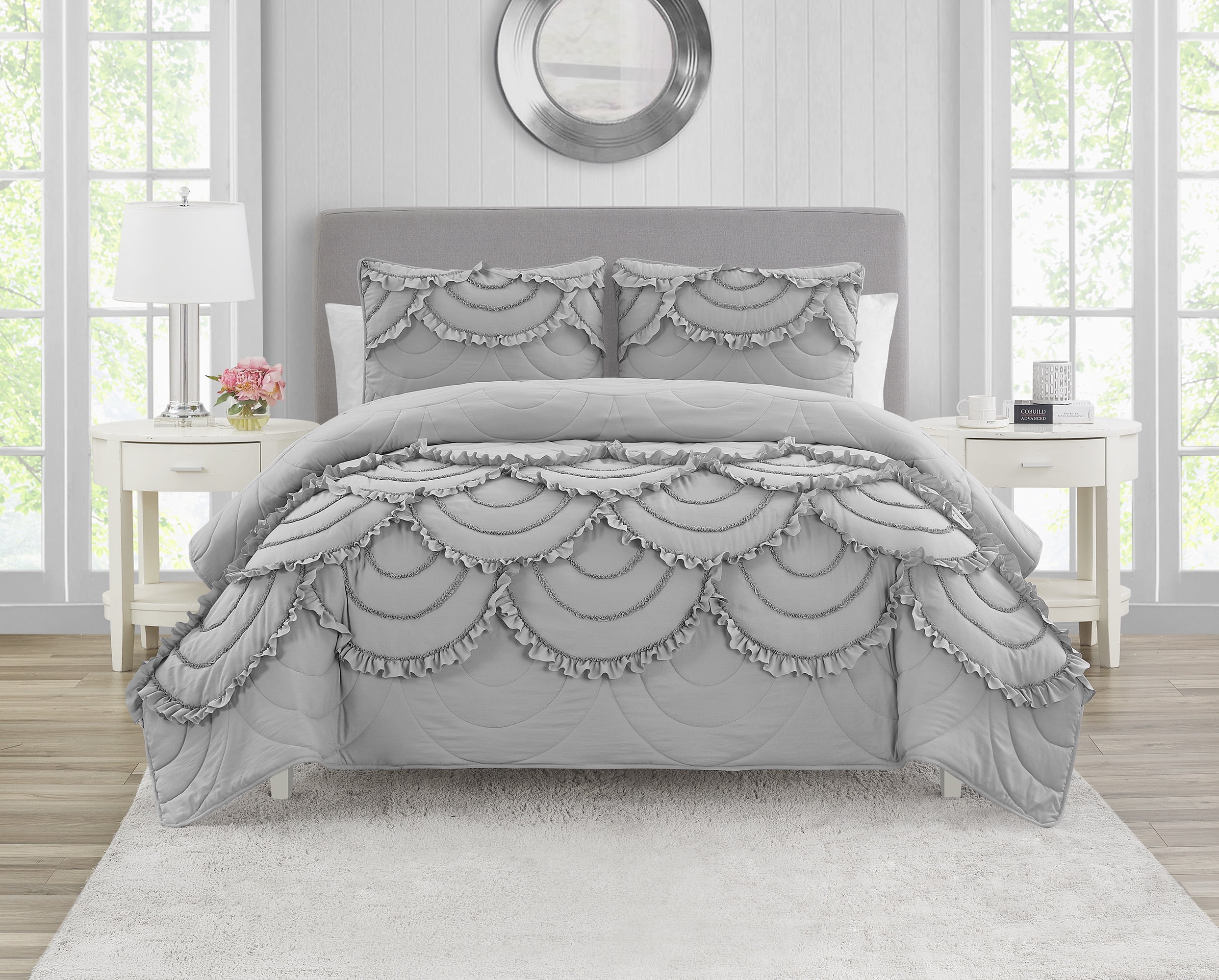 Design Studio Scallop Ruffle Grey 3-Piece Garment Washed Soft Solid Quilt Set - Full/Queen