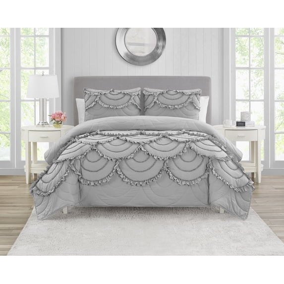 Design Studio Scallop Ruffle Grey 3-Piece Garment Washed Soft Solid Quilt Set - King