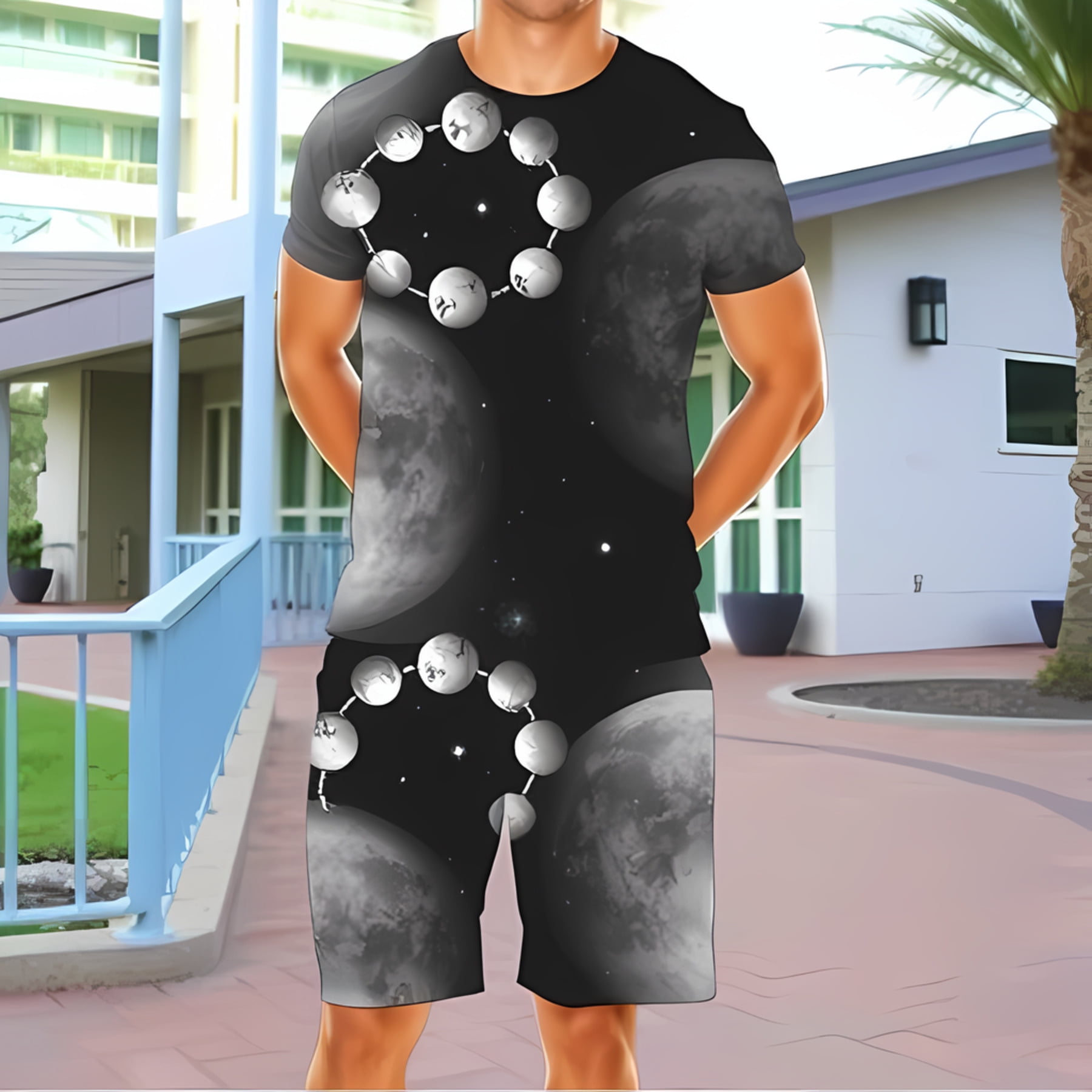 Design T-Shirt and Shorts Set - Black Space Theme with Planets & Moons ...